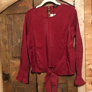 Frnch Tie Front Blouse Shimmer Burgundy Top